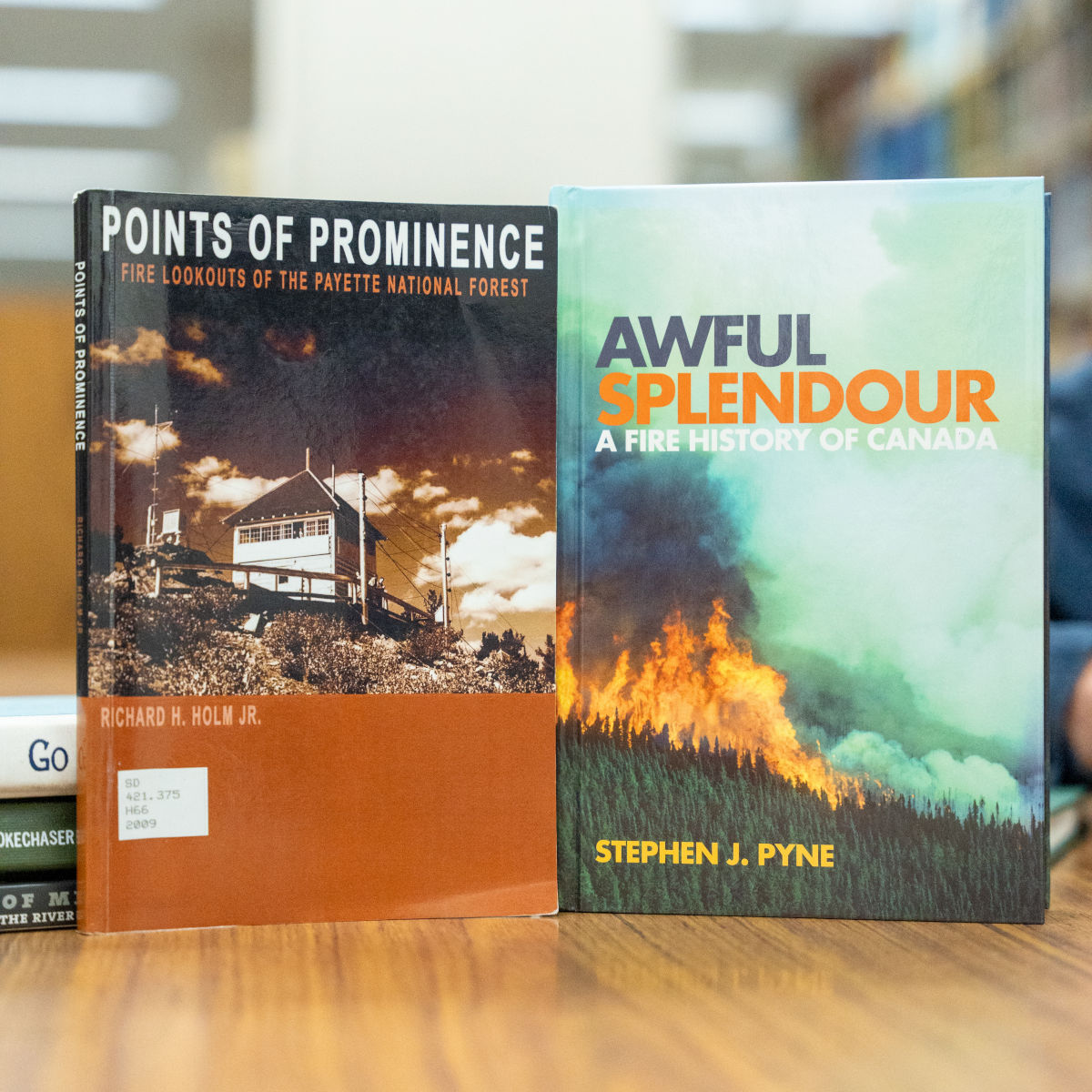 Two books displayed on a table.