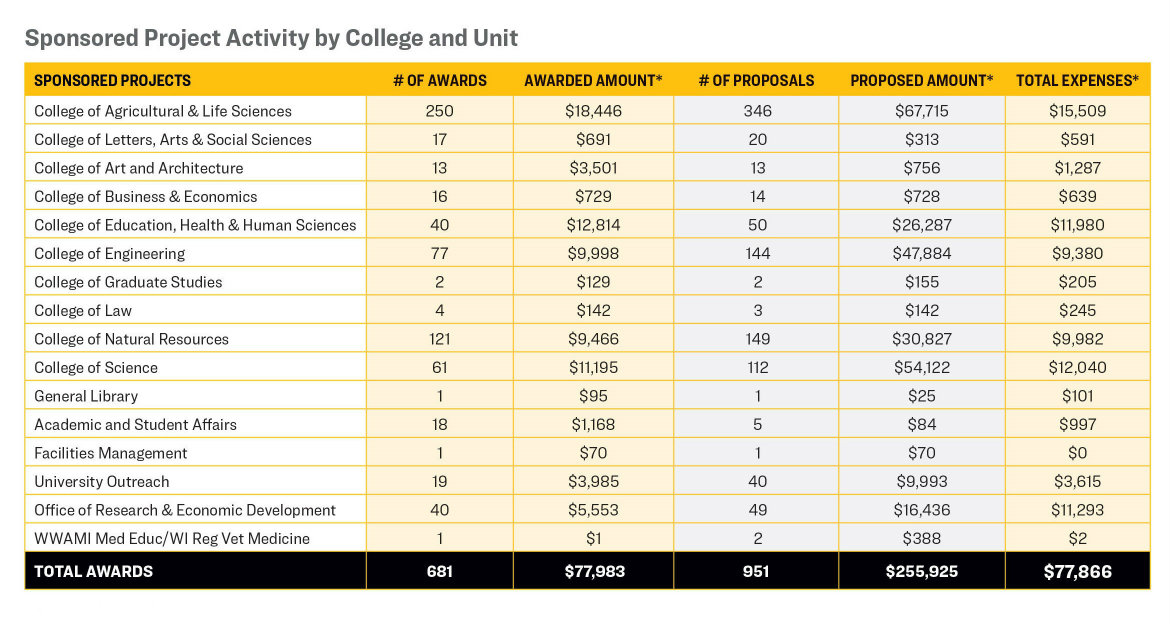A table representing the Sponsored Project Activity by College and Unit.